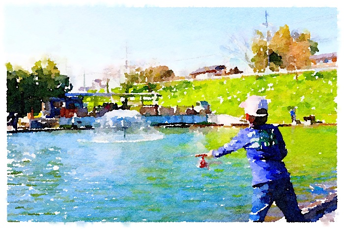 釣りをする子どもの水彩画