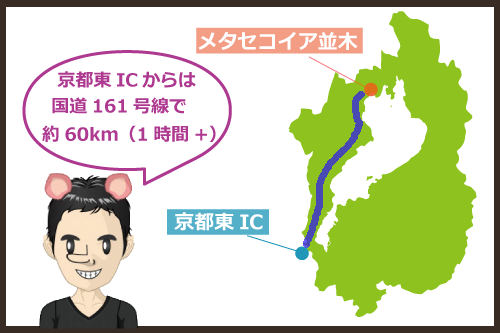 京都東ICからメタセコイア並木までのルートマップ
